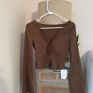 Commense Chocolate Brown Lace Trim Blouse